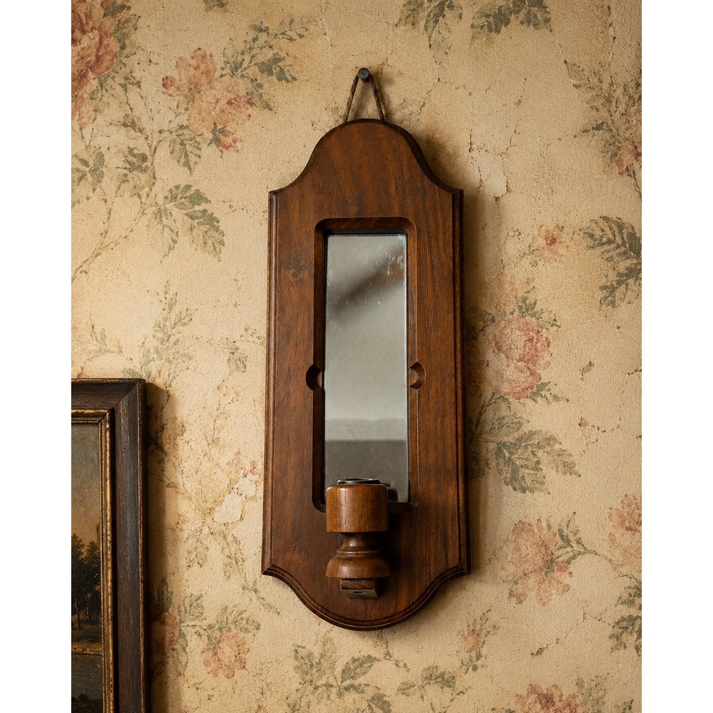 Vintage 1983 Signed Wood Wall Sconce Mirror Candle Holder Rustic Home Decor 14.5
